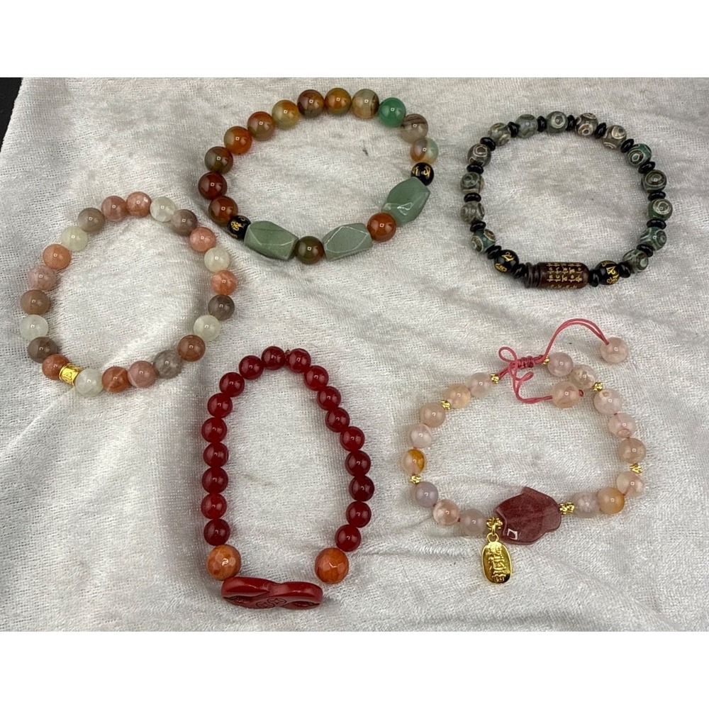 Vintage Estate Beaded Bracelet Lot Multicolor Polished Stone Stretch 6.5-7.5in